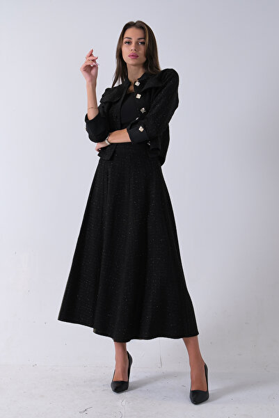 Feminist Önü Düğme Kapamalı Crop Ceket Etekli Tüvid Takım Siyah 45950601