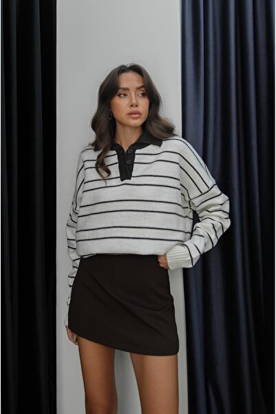 Havoş Ekru Hecht Çizgili Polo Yaka Kazak