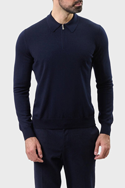 GRAN SASSO Corded Fabric % 100 Wool Regular Fit Half Zip Polo Neck Sweater Me...