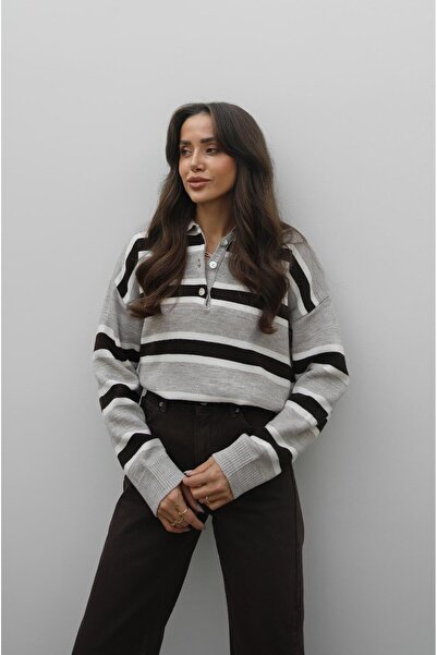 Havoş Vizon Krem Çizgili Polo Yaka Kazak