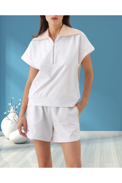 MinervaXint Women's Oversized Half Zipper Wide Color Collar Knitted Cotton Short Sleeve Sweatshirt