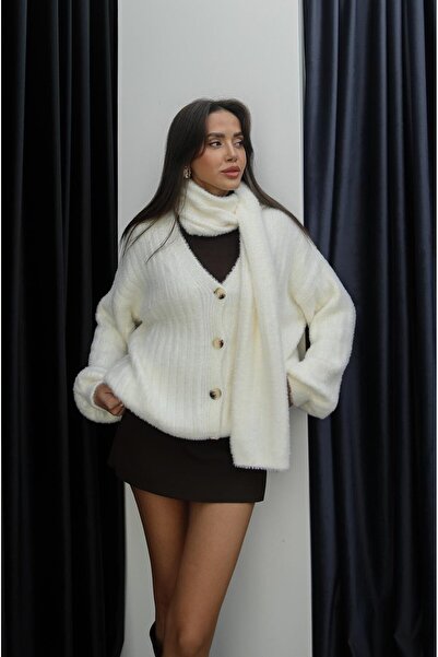 Havoş Ecru Scarf-Neck Soft Textured Cardigan