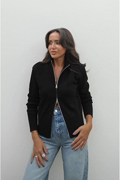 Havoş Cardigan negru cu fermoar dublu