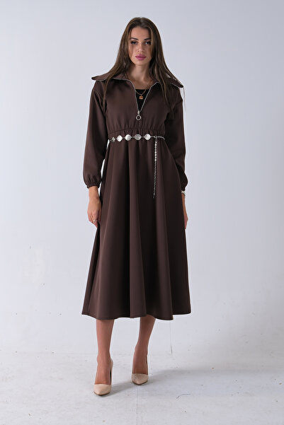 Feminist Yaka Fermuar Detaylı Bel ve Bileği Lastikli Kemerli Scuba Elbise Kah...