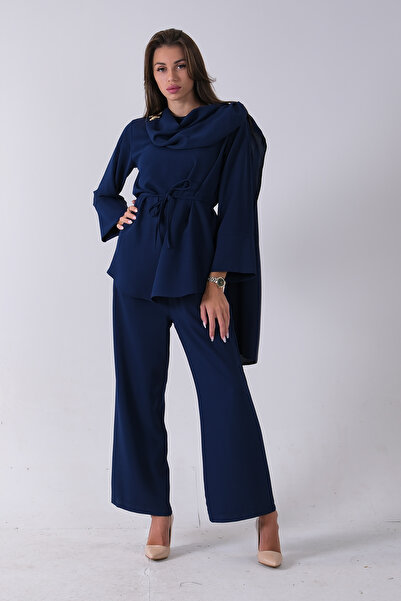 Feminist Şal Yaka Üzeri Broş Detaylı Pantolonlu Takım Lacivert 4592270