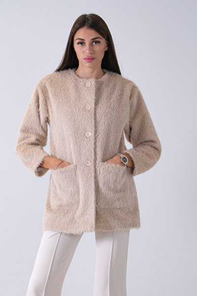 Feminist Önü 4 Düğme Kapamalı Çift Cepli Kuşaklı Kap Taş 940140187