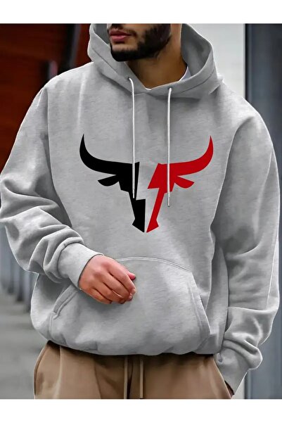 JoneBase سويت شيرت بقلنسوة للجنسين بتصميم رأس الثور مطبوع بغطاء رأس قصة فضفاضة