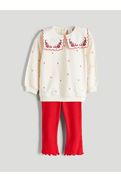 LC Waikiki Lcw Baby Ekru Peter Pan collar Baby Girl Sweatshirt and Leggings 2...