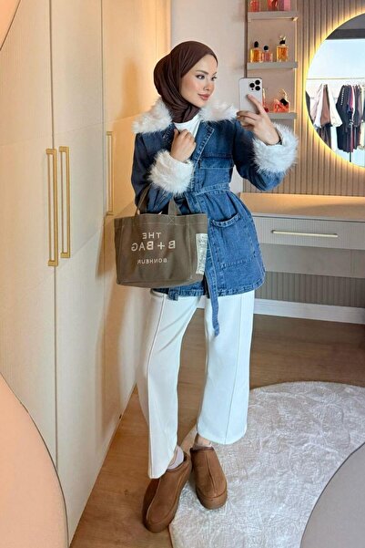 Şulemoda Giyim Γούνινο τζιν μπουφάν Ice Blue