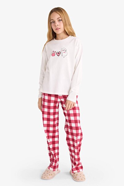 DeFacto Kız Çocuk Pijama Takımı Baskılı Uzun Kollu Üst Kareli Uzun Alt F7287A825AU