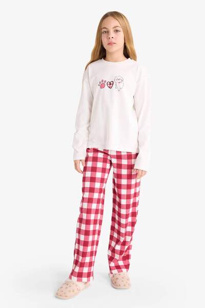 DeFacto Kız Çocuk Pijama Takımı Baskılı Uzun Kollu Üst Kareli Uzun Alt F7287A825AU