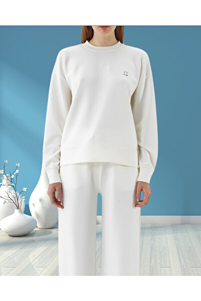 MinervaXint Women's Crew Neck Textured Logo Detailed Modal Fabric Oversized Sweatshirt