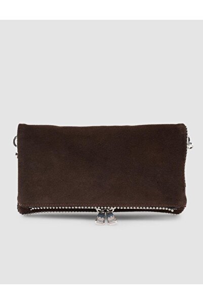 Cabani Brown Suede Women's Shoulder Bag with Staple Detail