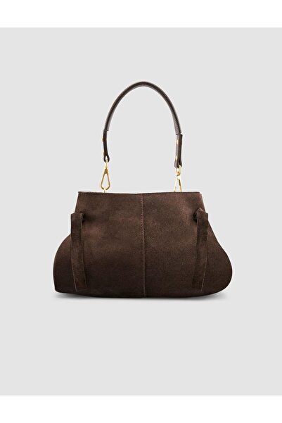 Cabani Brown Suede Women's Bag with Metal Handle Detail