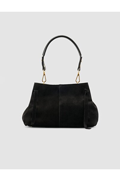 Cabani Black Suede Women's Bag with Metal Handle Detail