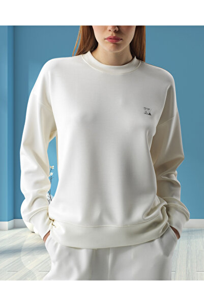 MinervaXint Women's Crew Neck Textured Logo Detailed Modal Fabric Oversized Sweatshirt