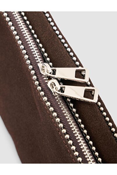 Cabani Brown Suede Women's Shoulder Bag with Staple Detail