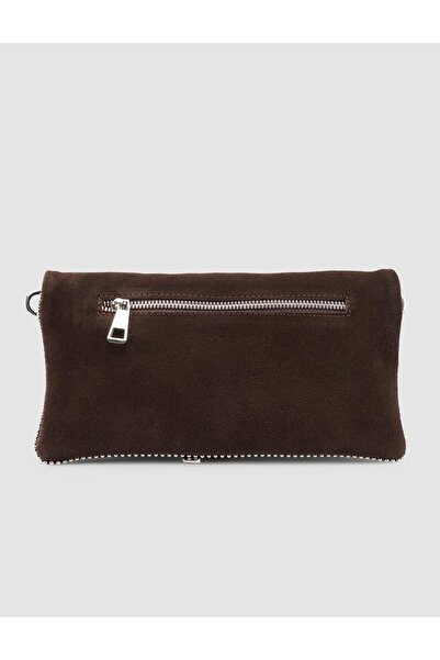 Cabani Brown Suede Women's Shoulder Bag with Staple Detail
