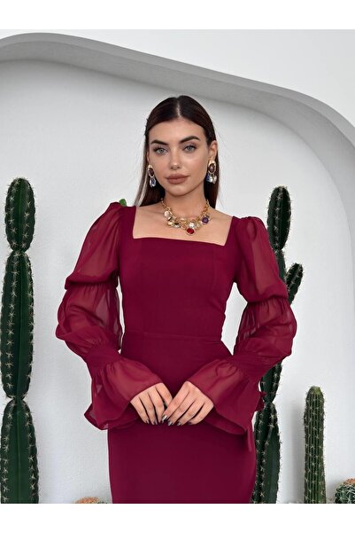 Masspera Kare Yaka Uzun Kollu Hare Kolları Fırfır Detaylı Elbise