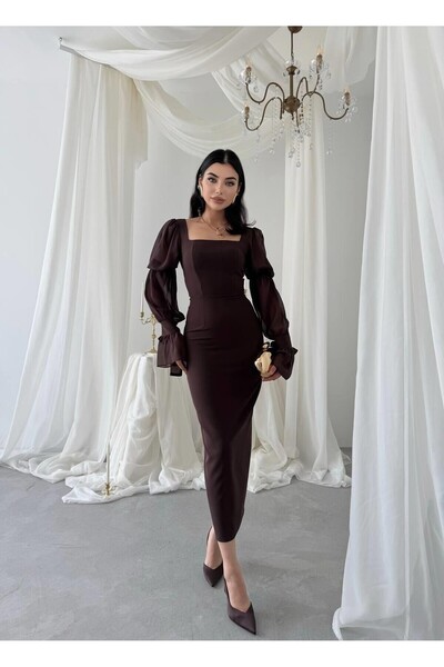 Mostpera Kare Yaka Uzun Kollu Hare Kolları Fırfır Detaylı Elbise