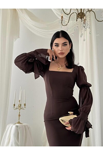 Mostpera Kare Yaka Uzun Kollu Hare Kolları Fırfır Detaylı Elbise