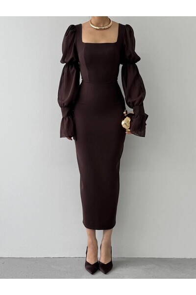 Mostpera Kare Yaka Uzun Kollu Hare Kolları Fırfır Detaylı Elbise