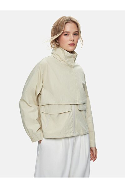 Ltb Long Sleeve Mock Neck Beige Jacket with Front Pocket