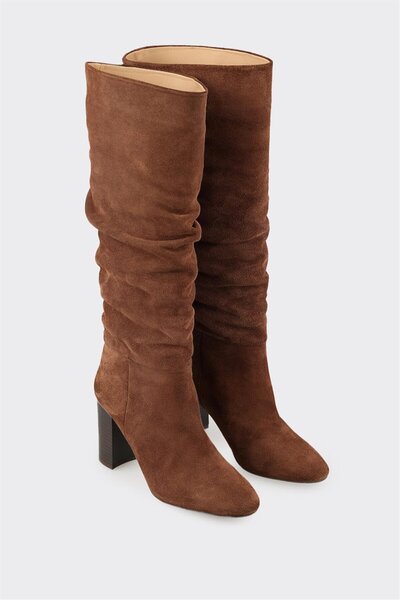 Elle Shoes Kahve Deri Kadın Topuklu Çizme