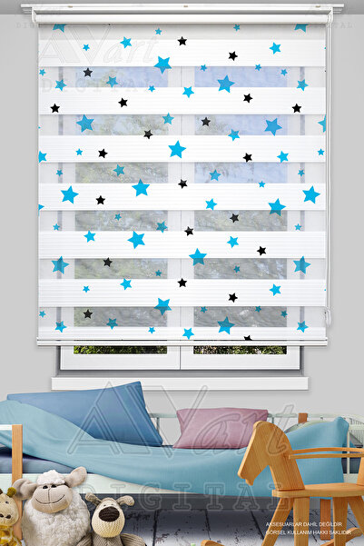 Avart Digital Mavi Siyah Yıldız Baskılı Çocuk Odası Perdesi - Dijital Baskılı...