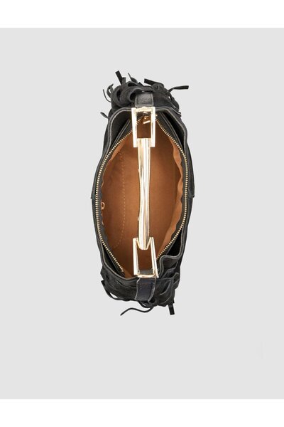 Cabani Black Suede Women's Bag with Metal Handle and Tassels