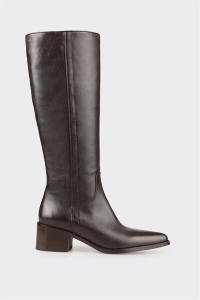 Elle Shoes Kahve Deri Kadın Topuklu Çizme