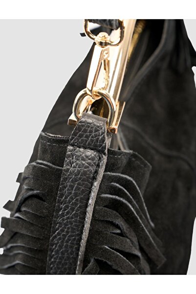 Cabani Black Suede Women's Bag with Metal Handle and Tassels