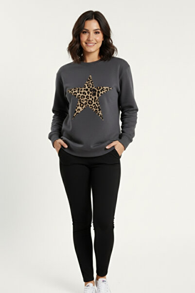 KOZİA OUTDOORS Дамска суитшърт с леопардов принт и звезден мотив, с широка кр...