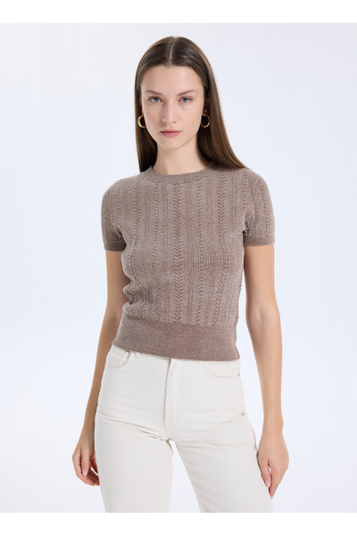Guess Yuvarlak Yaka Düz Kahve Kadın T-Shirt Chenille Kadın Triko