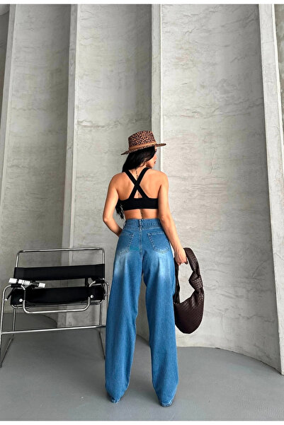 karadağsb Φαρδύ μπλε τζιν παντελόνι με μαρκίζες d2007