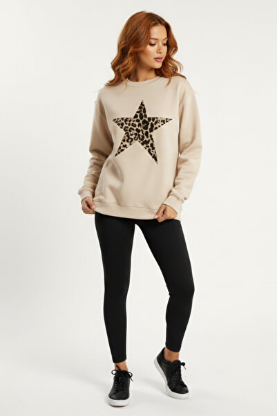 KOZİA OUTDOORS Kadın Leopar Desenli Yıldız Baskılı Bisiklet Yaka Oversize Swe...