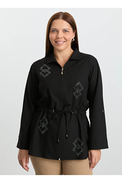 Selen Polo Yaka Taşlı Siyah Kadın Bluz 25KSL8299