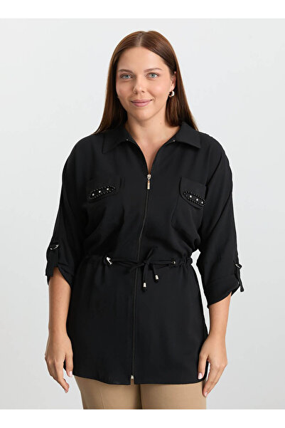 Selen Polo Yaka Taşlı Siyah Kadın Bluz 25KSL8261