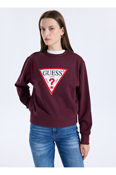 Guess Yuvarlak Yaka Baskılı Kırmızı Kadın Sweatshırt Original Fleece Kadın Sweatshirt