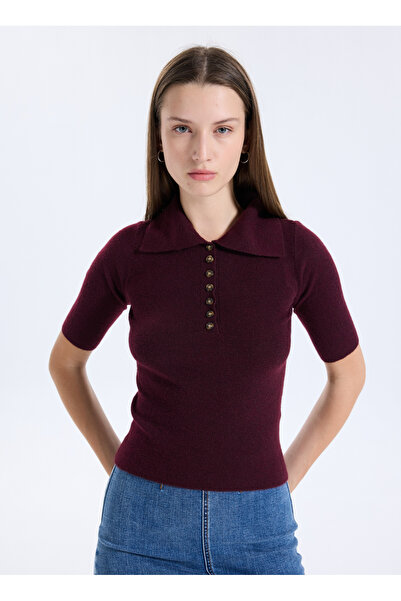 Vero Moda Polo Yaka Dar Bordo Kadın Kazak VMMARINA 2/4 POLONECK PULLOVER