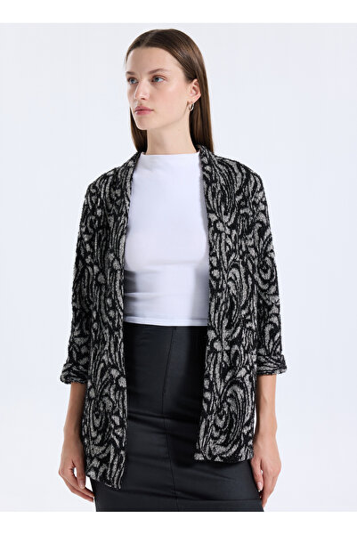 Selen Siyah Kadın V Yaka Standart Desenli Hırka 25KSL4177