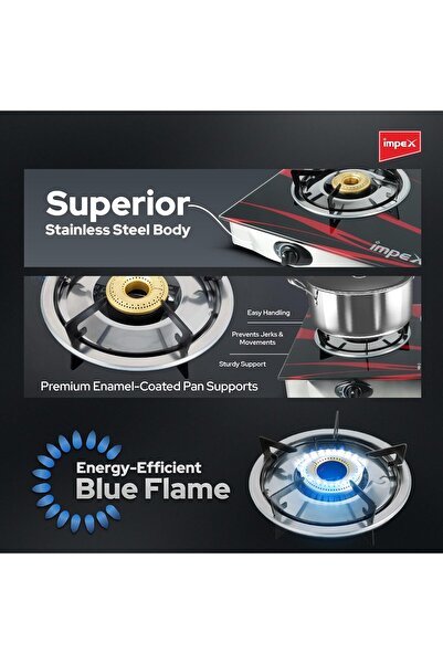 İMPEX 3-Burner Gas Cooktop, Auto Ignition with FFD Safety - IGS 1213F, Black