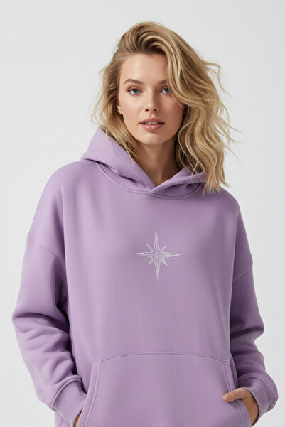 UNCİA OUTDOORS Kadın Oversize Kapüşonlu Sweat Minimal Yıldız Baskı Detaylı