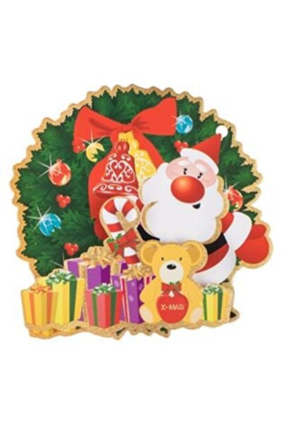 SHOPIENS Autocolant decorativ 3D de Crăciun - Coroană cu Moș Crăciun și cadouri 15 x 15 cm