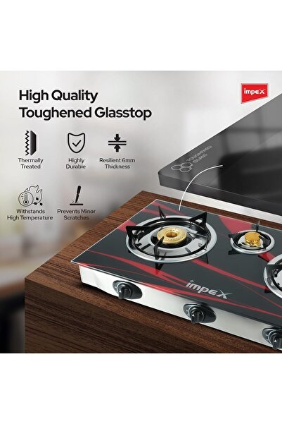 İMPEX 3-Burner Gas Cooktop, Auto Ignition with FFD Safety - IGS 1213F, Black
