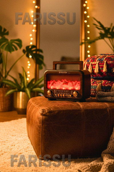 farissu Everton RT-754 Şömine Görünümlü Nostaljik Bluetoothlu Radyo Güneş Enerjili Taşınabilir Müzik Kutusu