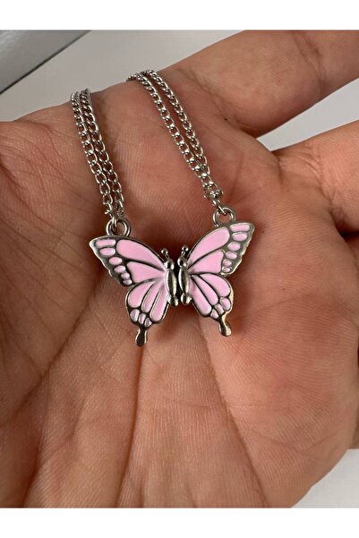 Herşey Nota Pembe Mıknatıslı Kelebek Kolye – Unisex, Çift ve Arkadaşlık Hediy...
