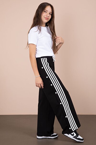 Cansın Mini Black Striped Snap Closure Wide Leg Girls' Elastic Waist Sweatpants 23281