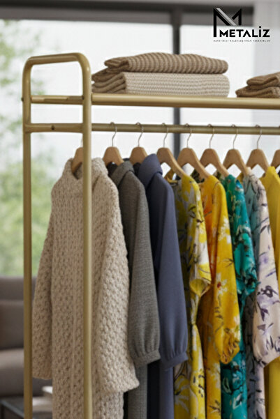 METALİZ YENİLİKÇİ TASARIMLAR Metal Elbise Askılığı & Ayakkabılık – Taşınabilir Giyim Organizeri-Raflı-Gold