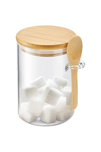 OEM Glass storage jar with airtight bamboo lid, silicone gasket and spoon, 8.5 x 10 cm